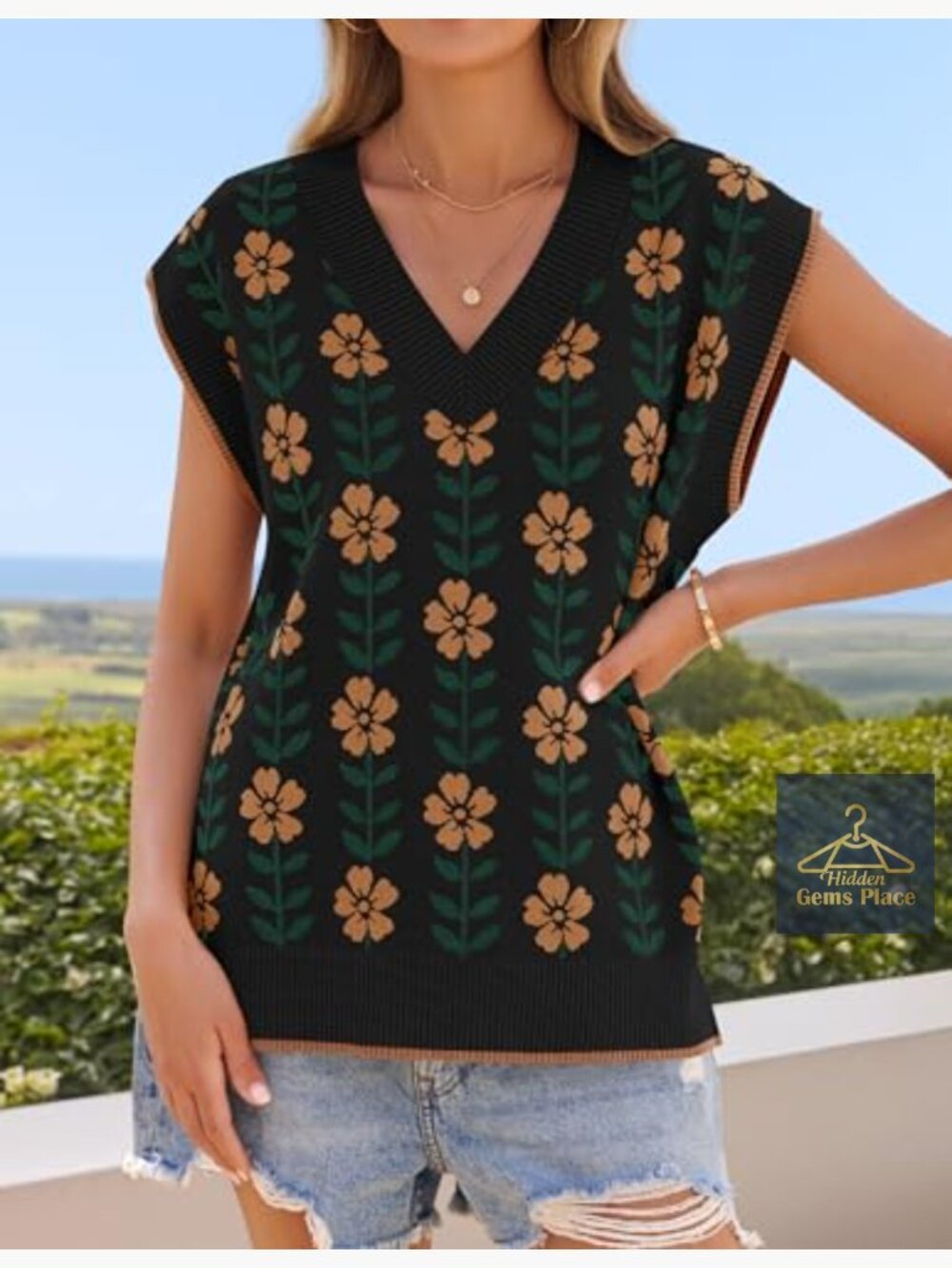 Floral V Neck Sleeveless Knit Sweater Vest Oversized Loose Tank Tops Summer - Picture 3 of 7